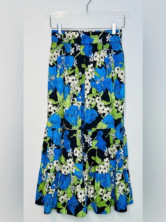Elizabeth James The Label Surrey Blue Green Midi Skirt in Night Bloom - Picture 11 of 13